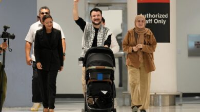 Photos of Palestinian activist Mahmoud Khalil after 104 days in US custody